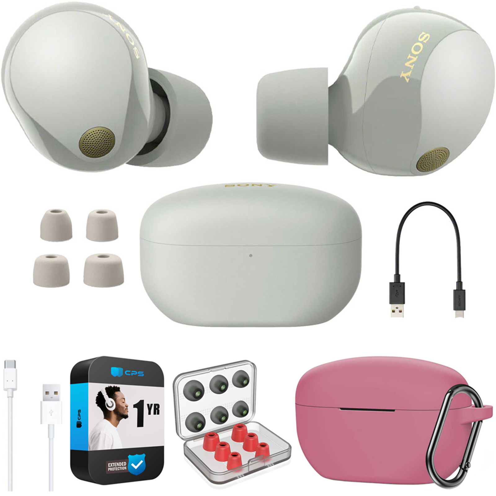 Sony Noise Canceling Truly Wireless Earbuds, Silver + Accessories + Warranty Kit