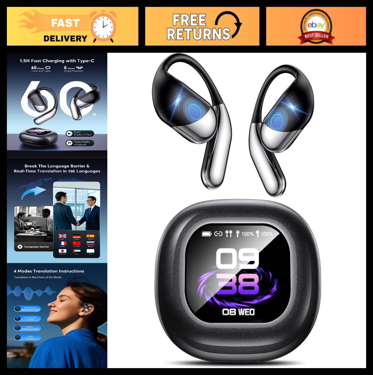 AI Translation Earbuds – 198 Languages, Bluetooth 6.1, Open Ear, Touch Control,
