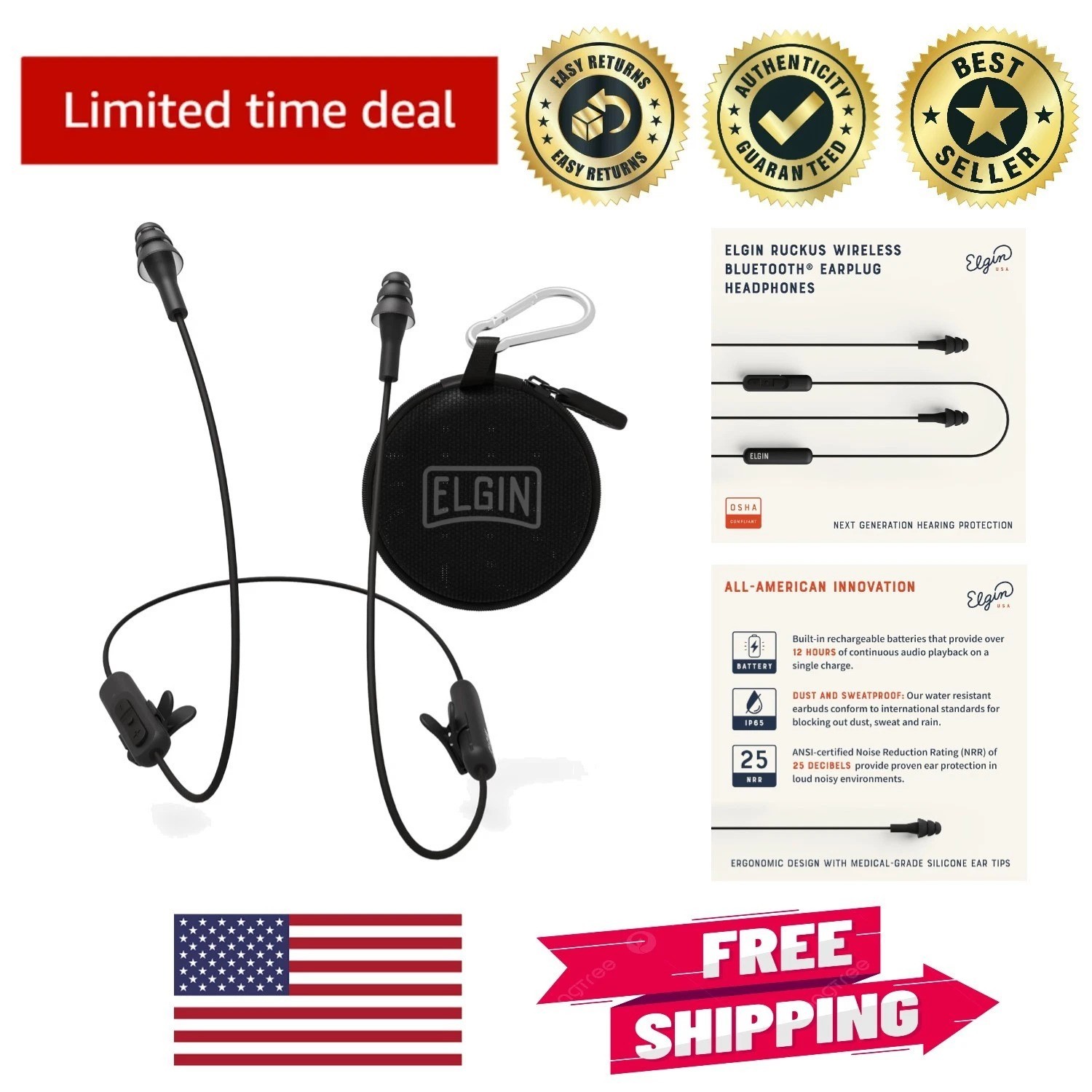 Ruckus Wireless Bluetooth Earplug Headphones – 25 dB OSHA Compliant Safety
