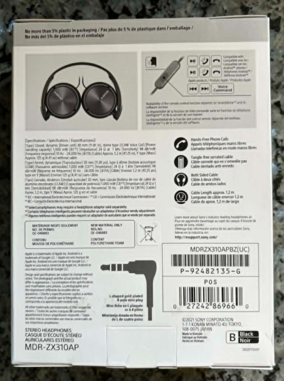 Sony MDR-ZX310AP Wired Headphones Black BNIB