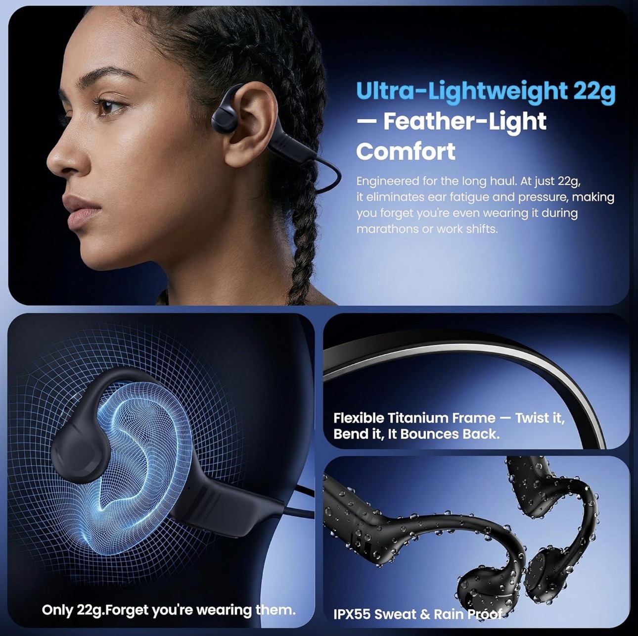 Bone Conduction Bluetooth Headphones, IPX5 Waterproof, 12H Playtime, with Mic