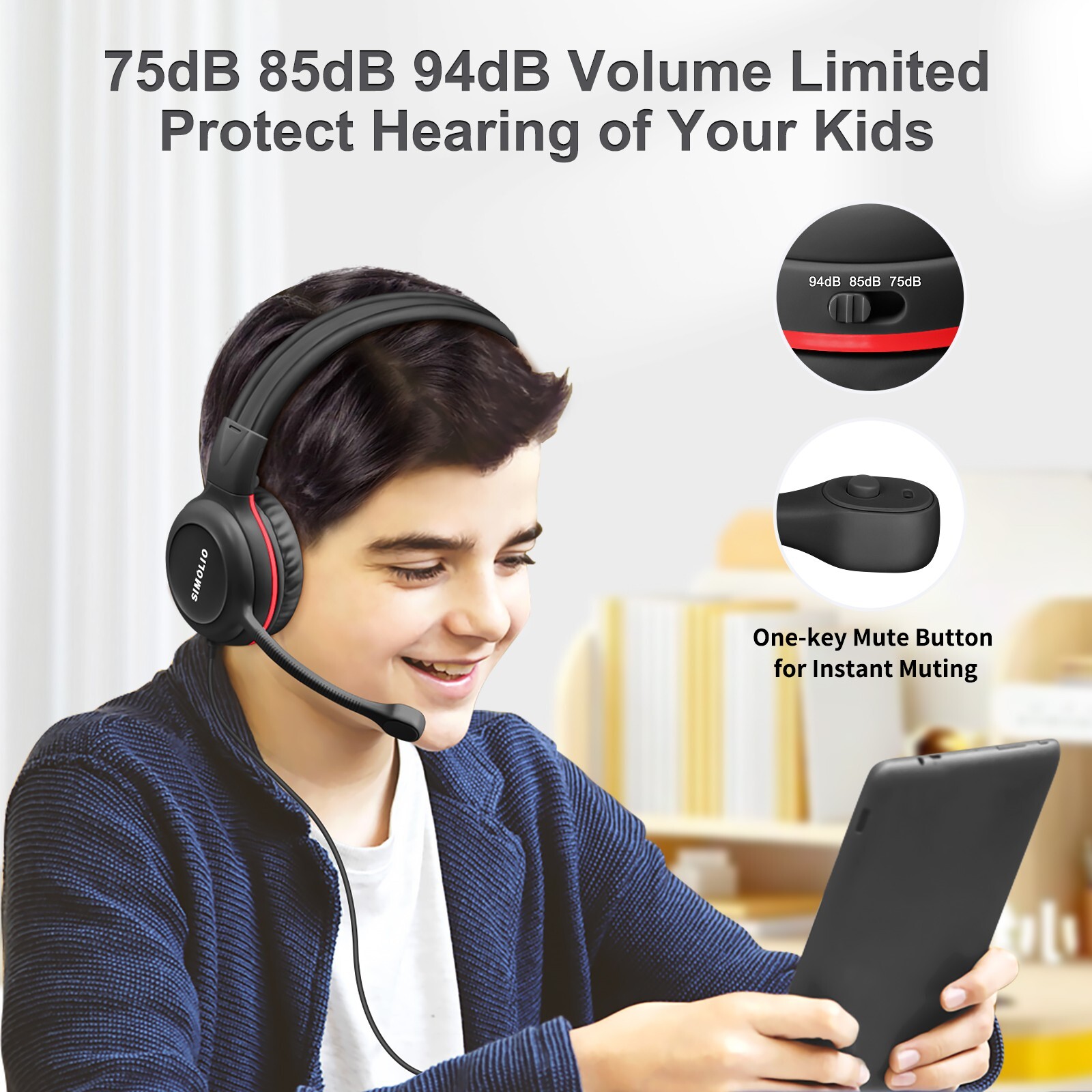 SIMOLIO 4 color Kids Headphones & Boom Microphone for School – iPad, PC, Laptop