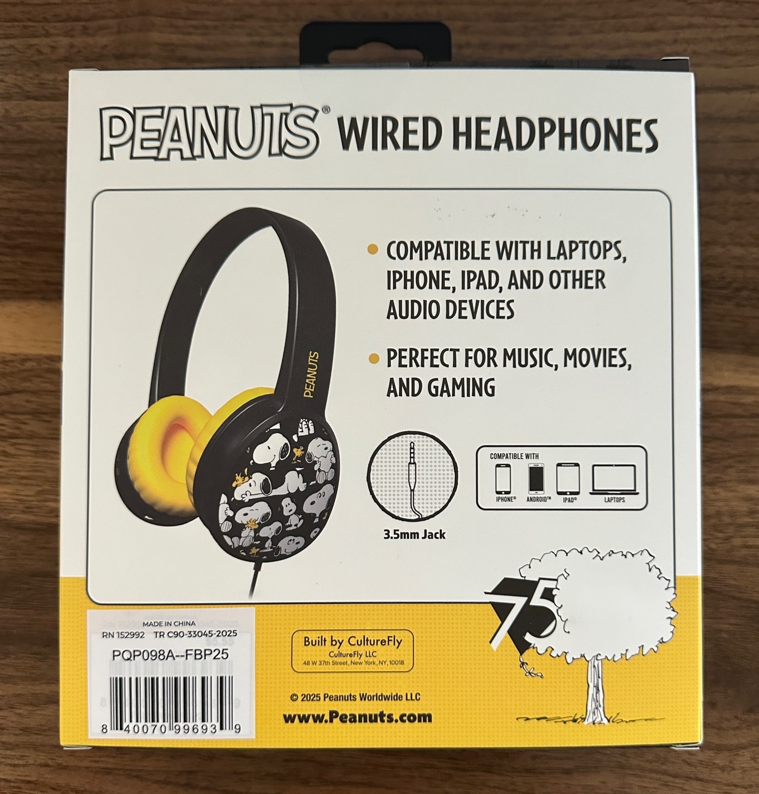 Peanuts SNOOPY WOODSTOCK Black Yellow Wired Headphones 75 Years