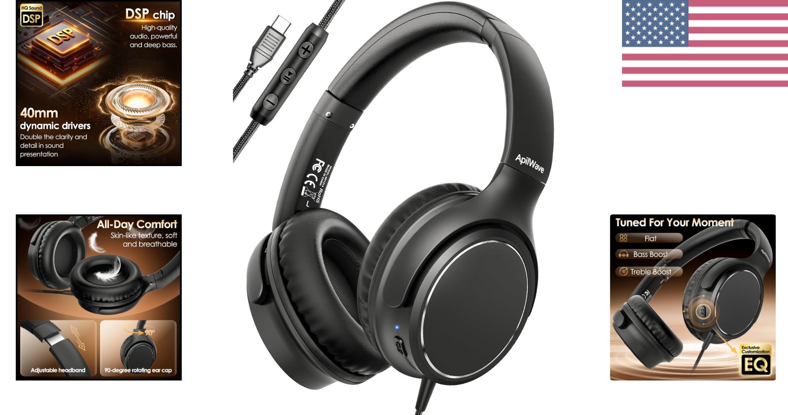 Wired Headphones with 3 EQ Music Modes & Mic, Over Ear Headphones with 1.2m C…
