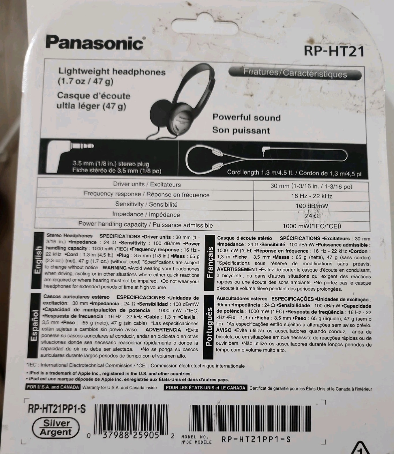 New Panasonic RP-HT21 Lightweight On-Ear Headphones 3.5mm Stereo Plug