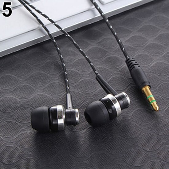 Black In-Ear Earbuds Stereo Tangle Free Braided Cable Cord Quality Sound Bass
