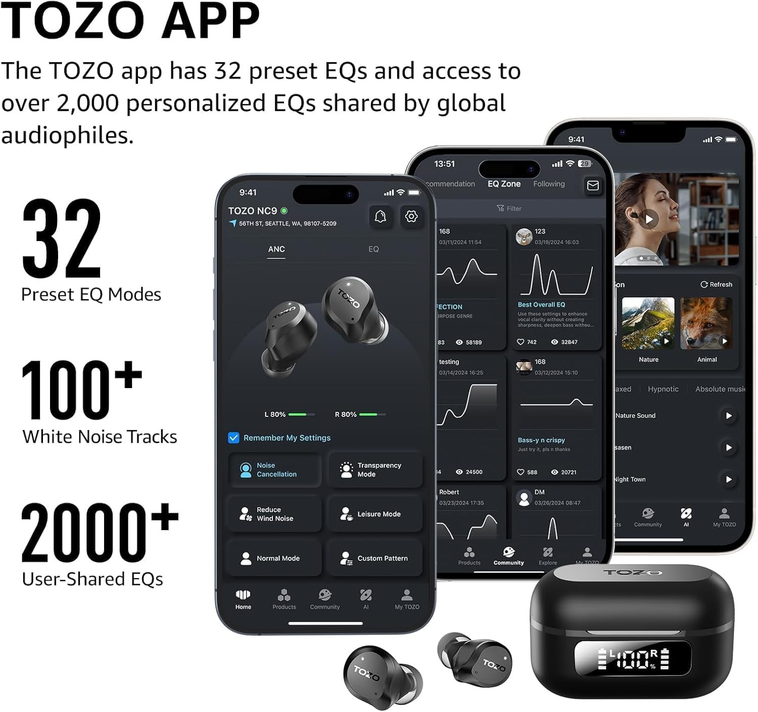 TOZO NC9 Hybrid Active Noise Cancelling Wireless Earbuds, 6 Mics Dark Black