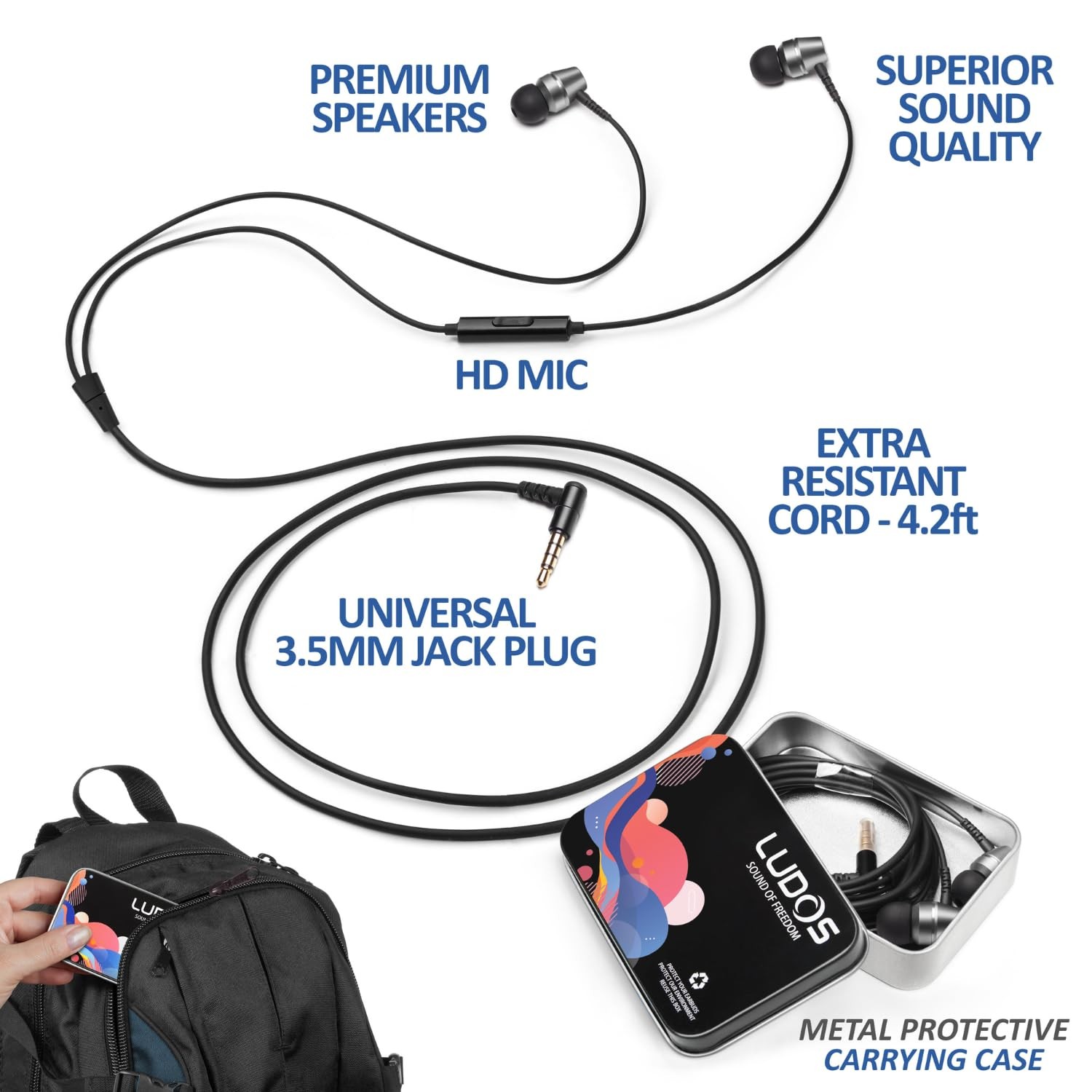 LUDOS OMNITONE Wired Earbuds in-Ear Headphones, 5 Years 1 Pack, Grey