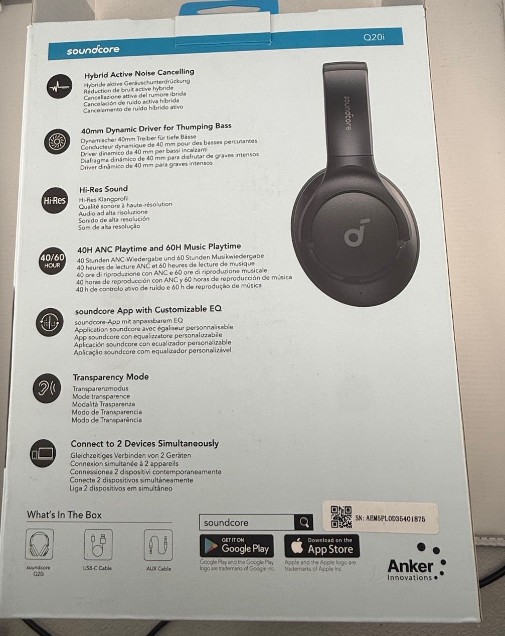 Soundcore Q20i Hybrid Active Noise Cancelling Headphones, Black – With Box