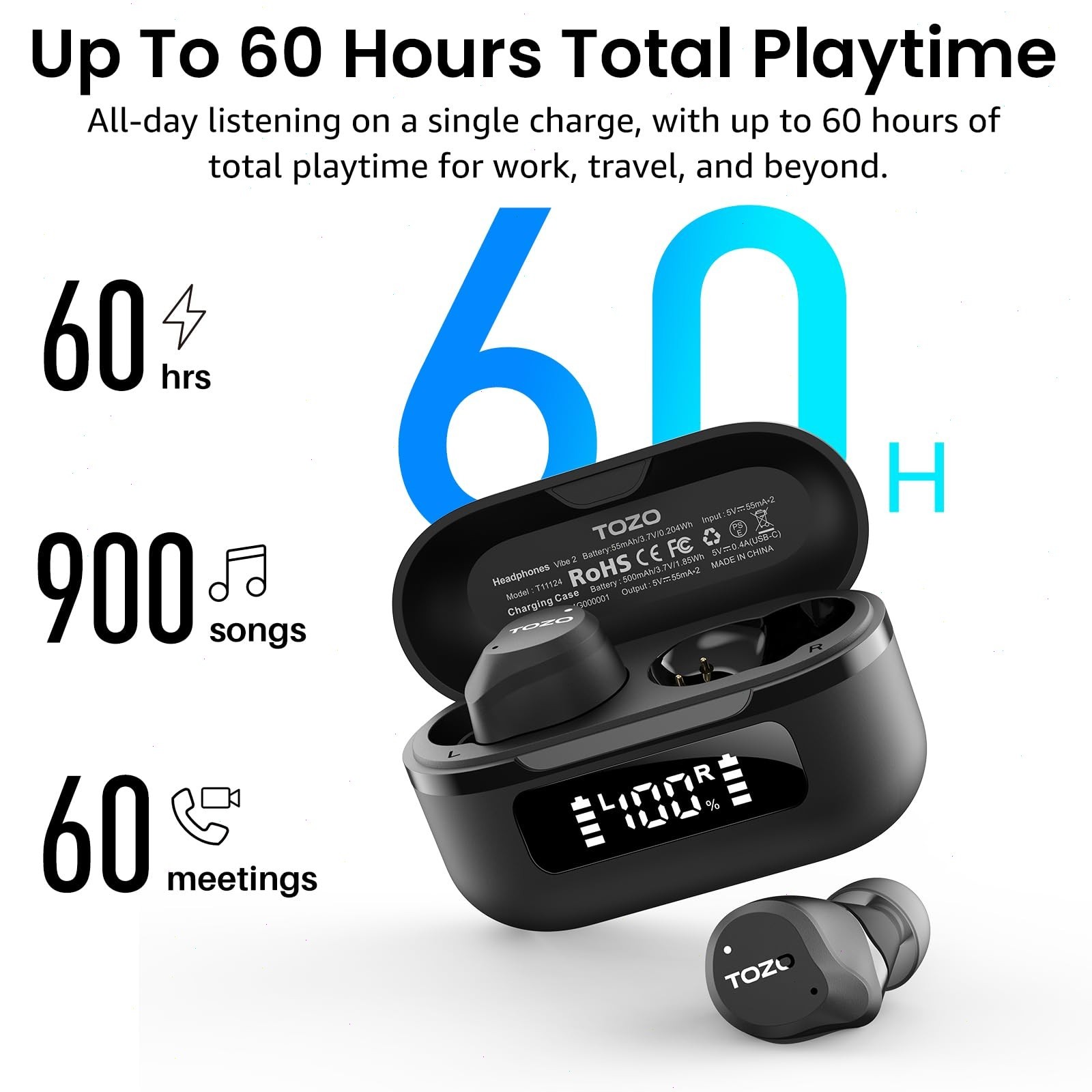 TOZO NC9 Wireless Earbuds with Hybrid ANC-Modes, IPX8 Waterproof, Refurbished