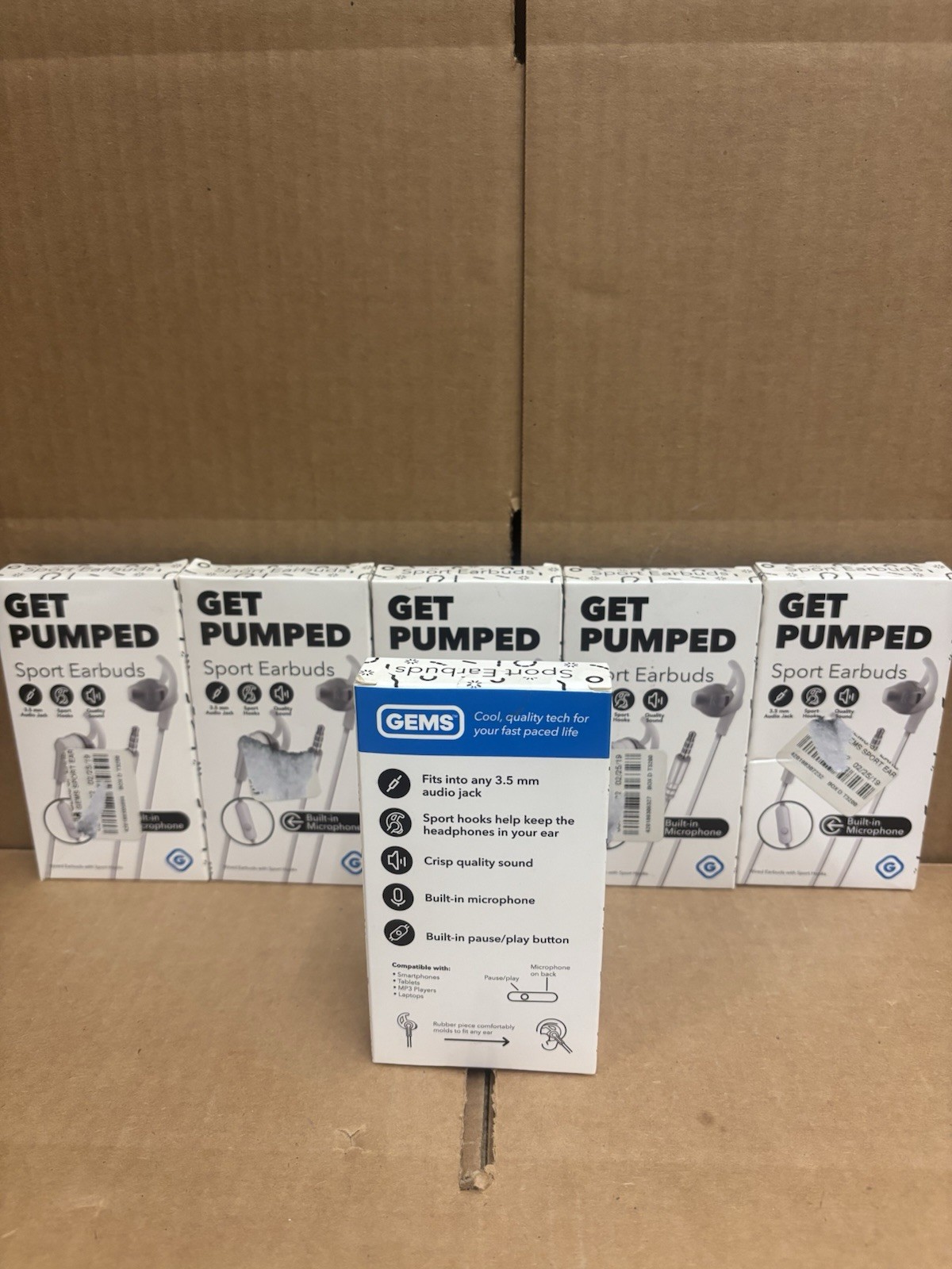 6-Pack GEMS Get Pumped Sport Earbuds 3.5 mm Audio Jack Built-in Microphone