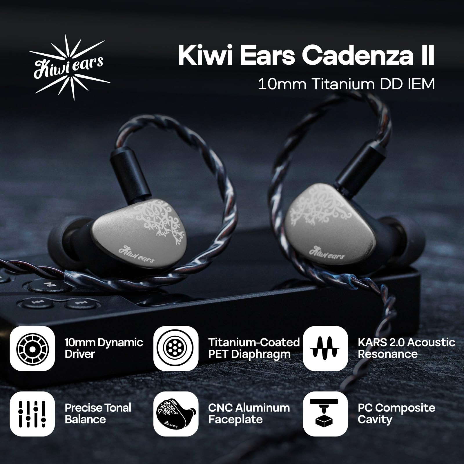 Kiwi Ears Cadenza II 10mm Titanium Driver in Ear Monitor, HiFi Wired IEM Earp…