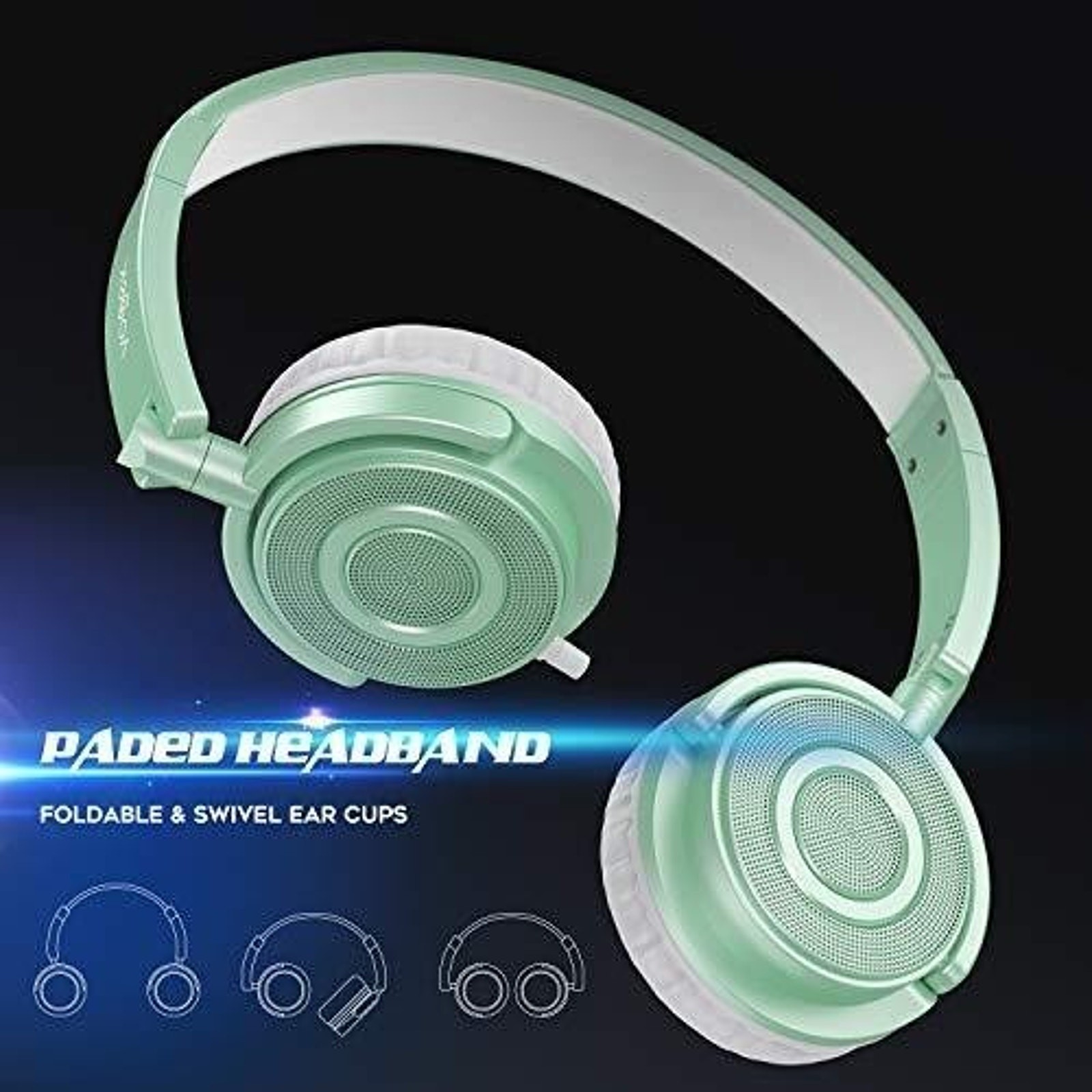 Vogek On Ear Headphones Mic, Portable Fold-Flat Stereo Bass Headphone Mint Green