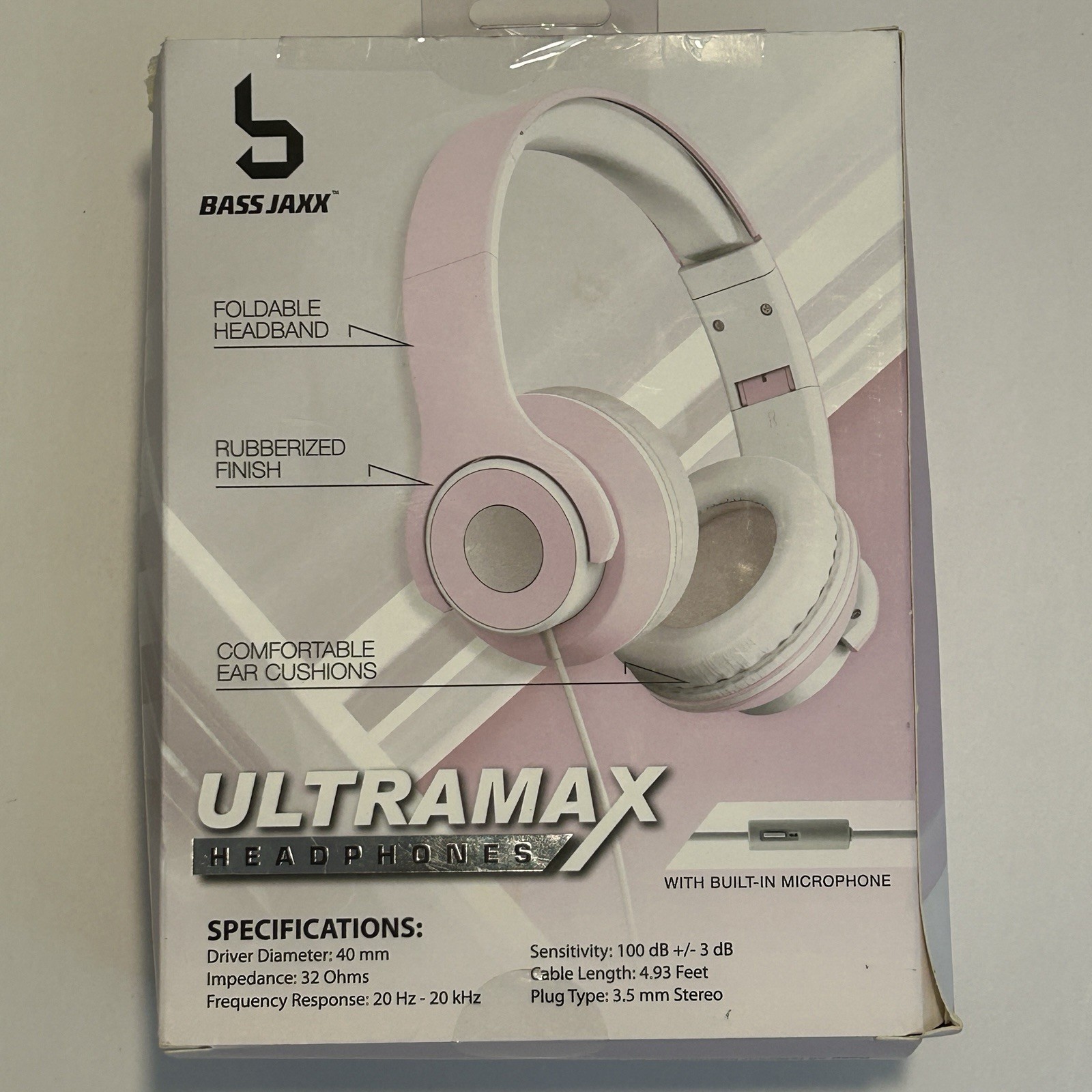 Pink Wired Headphones w Mic Bass Jaxx Ultramax Foldable 3.5mm Open Box Tested