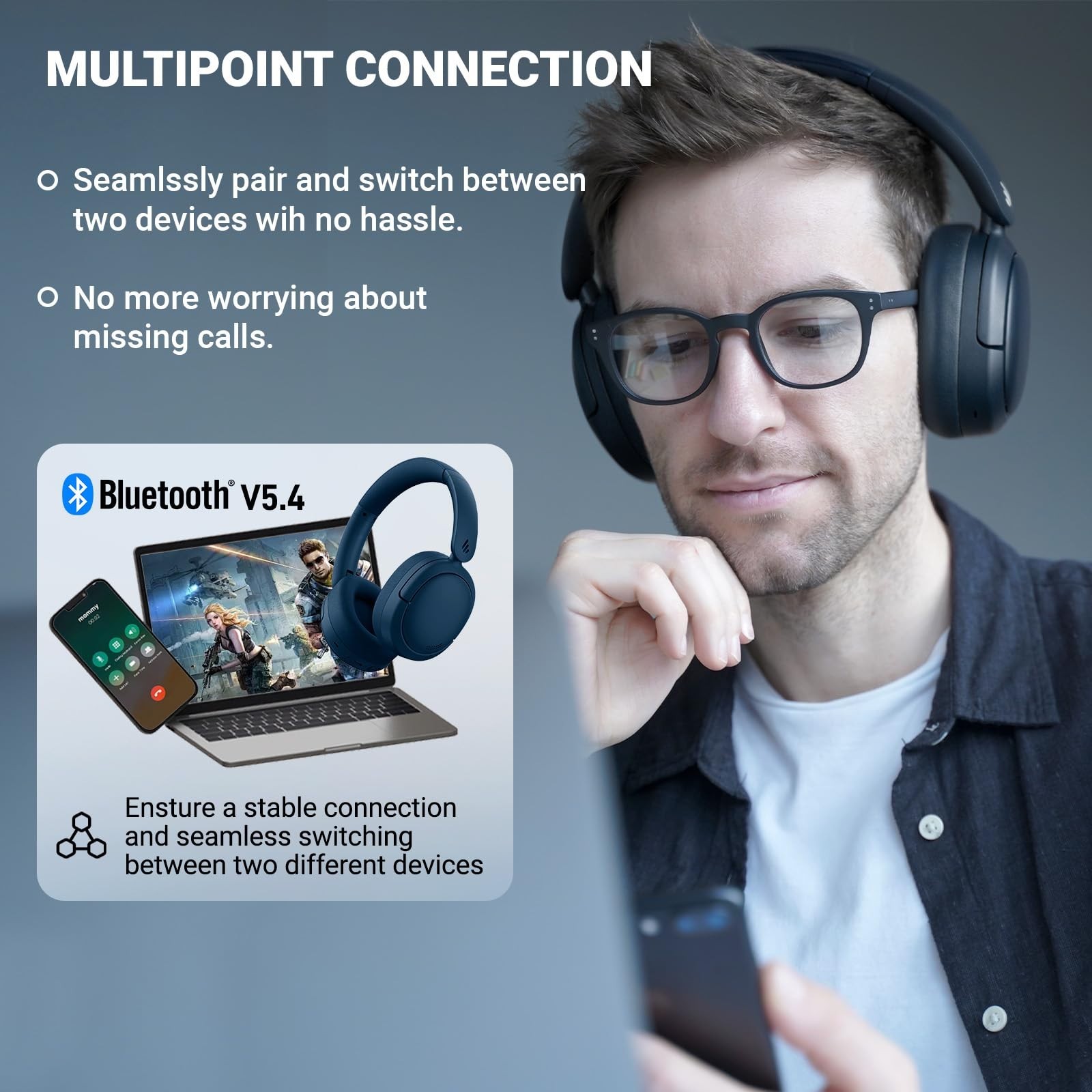Hybrid Active Noise Cancelling Bluetooth Headphones, True Wireless Over Ear, 45H