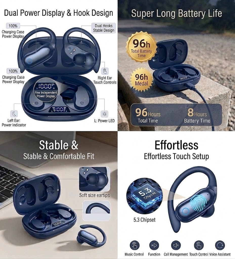 Active Noise Cancelling Ear Buds 96hrs Playback Bluetooth Dual Battery Display