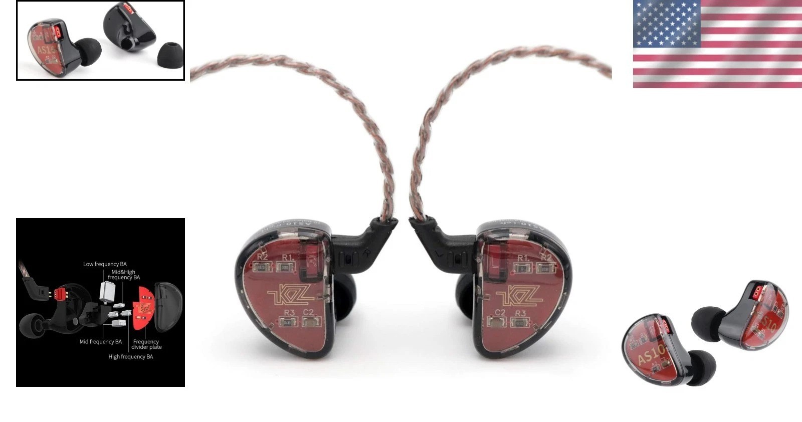 KZ AS10 5BA HiFi Earphones, 5 Balanced Armature Drivers, Detachable Cable, Black