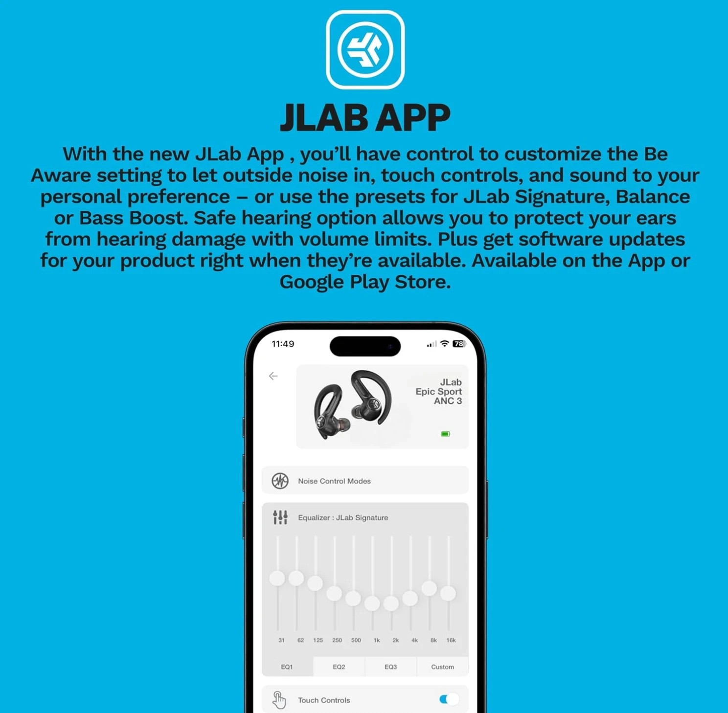 JLab Epic Air Sport ANC 3 True Wireless Bluetooth Earbuds Black Used Tested