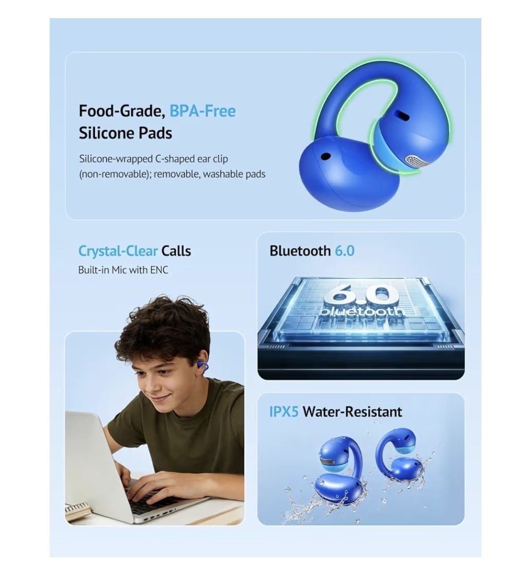 FOYCOY Open-Ear Kids Bluetooth 6.0 Earbuds ENC IPX5 USB-C Blue Case