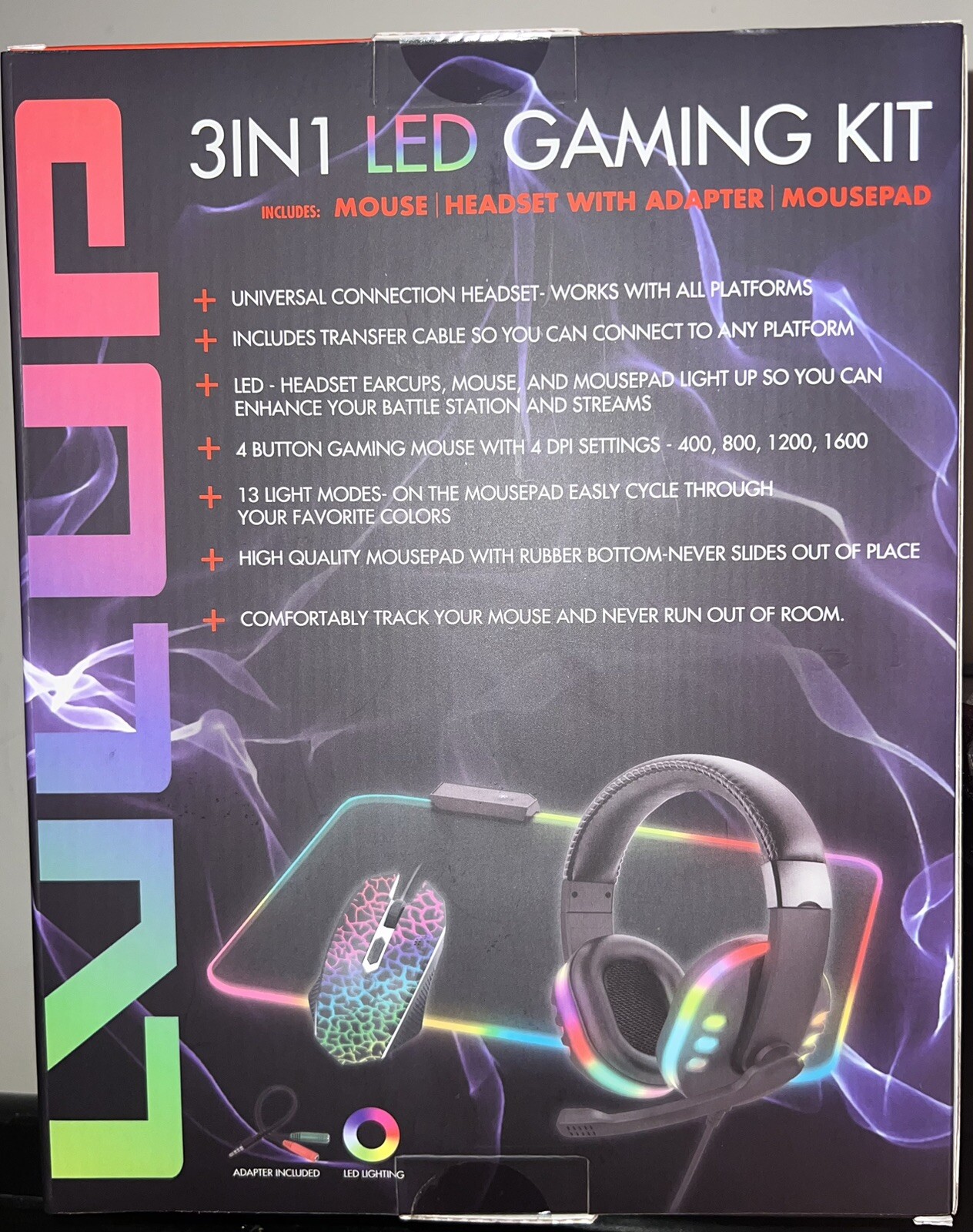 NEW LVLUP 3 Piece Light Up Pro Gaming Kit- mouse/ headset/ mousepad