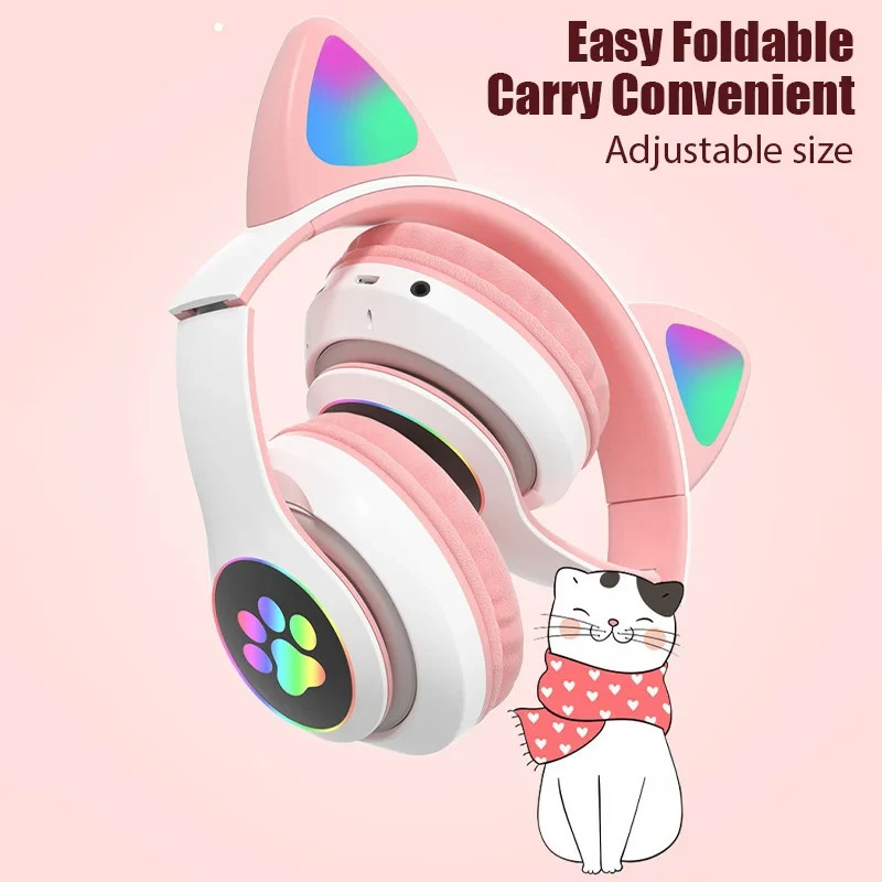 Cat Ear Bluetooth Wireless Headphone LED Mic Stereo Headset Kids Girls RGB Gift