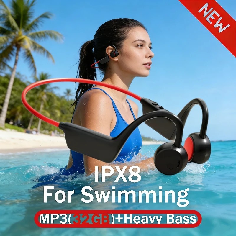 IPX8 Waterproof Swimming Headphones Bone Conduction 32GB MP3 Bluetooth 5.4 Sport