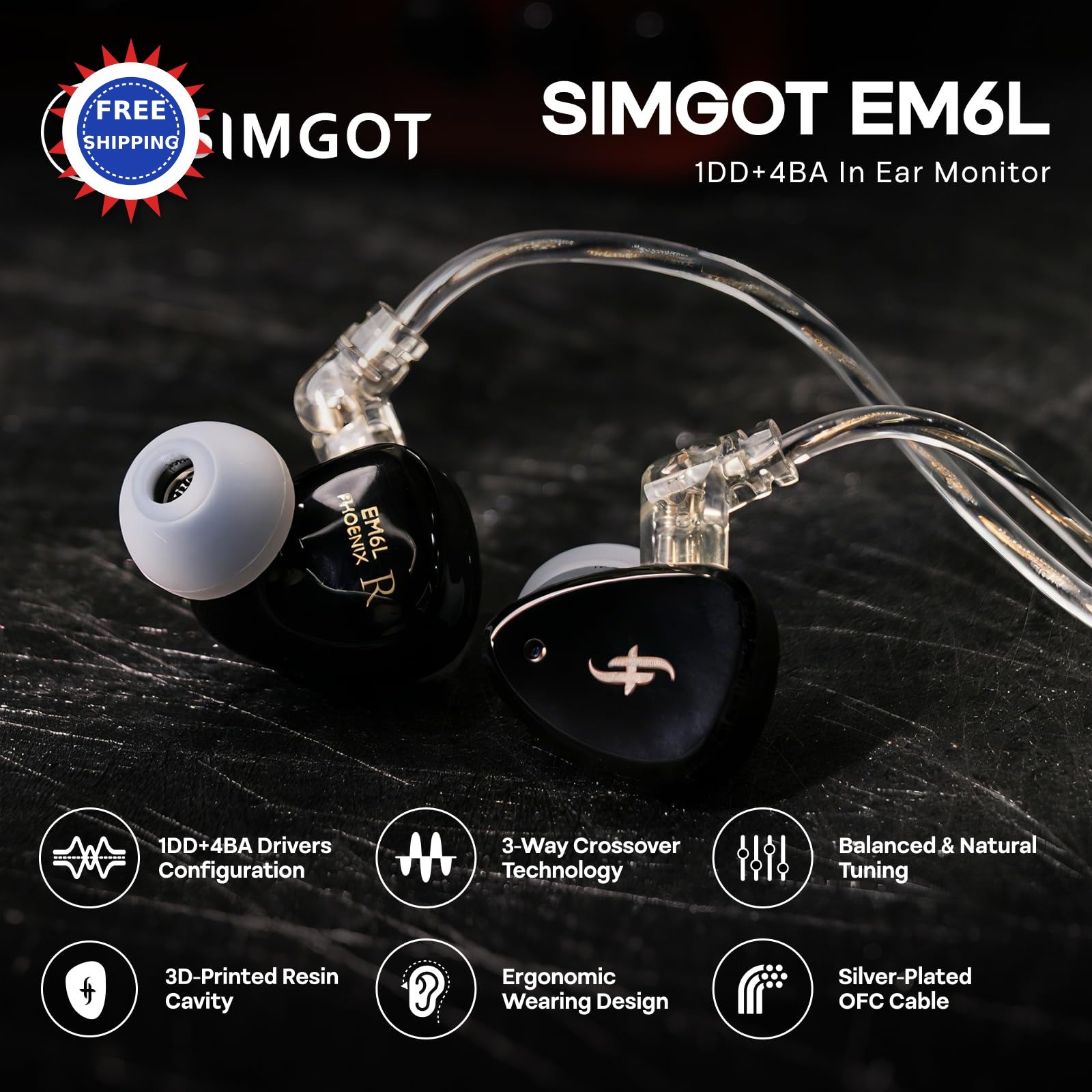 In Ear Monitors Linsoul SIMGOT EM6L 1DD + 4BA Hybrid Driver Gaming Earbud HiFi