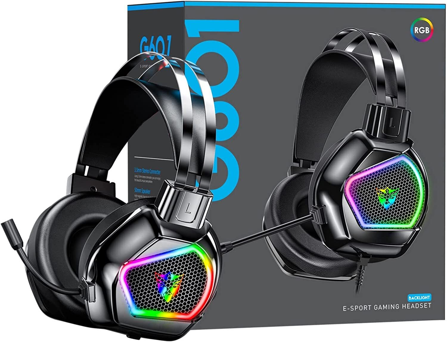 Computer Game Headphones USB Audio Control Over-Ear Wired RGB Mic Headphones