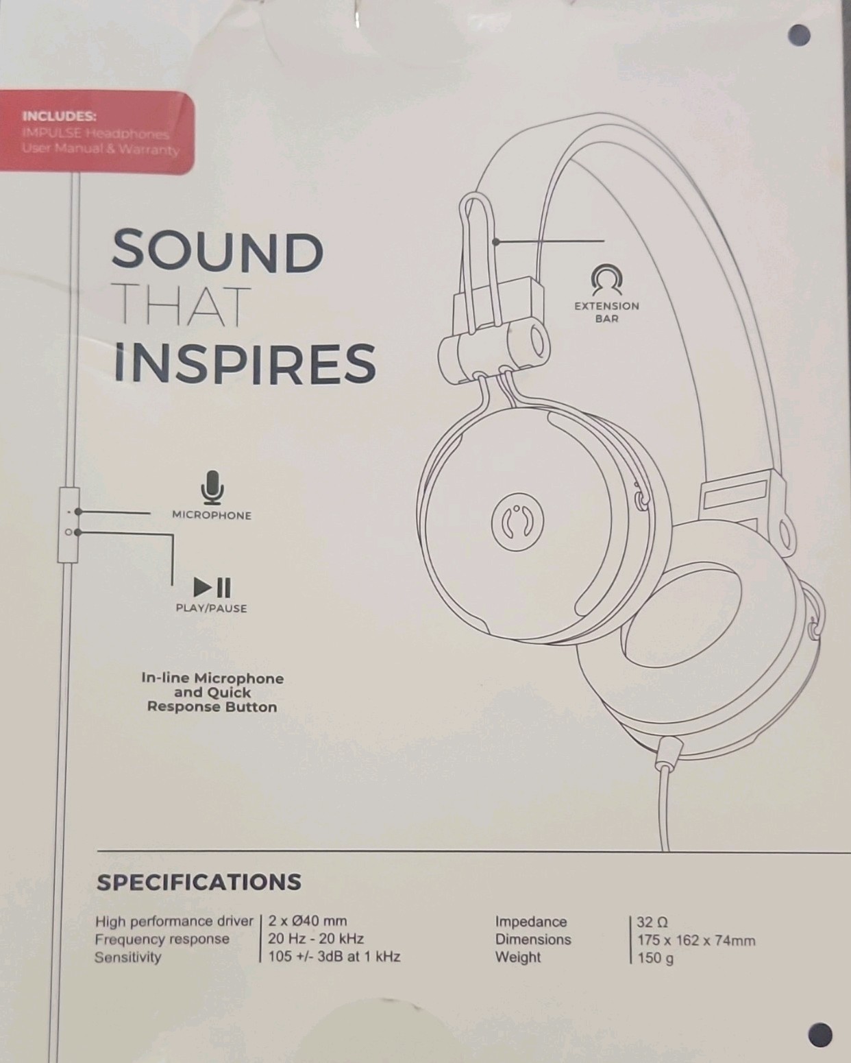 MuveAcoustics Impulse On-Ear Headphones Black 3.5mm Built-in Mic In-Line Control