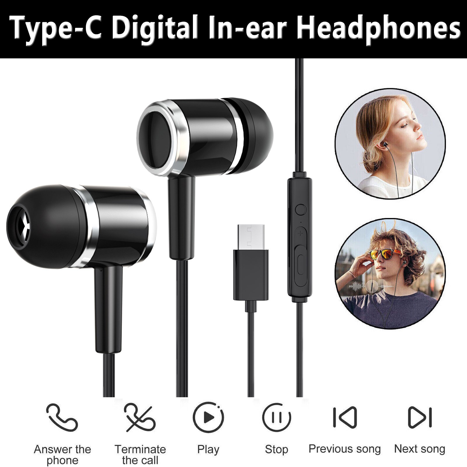 Black Wired Headphones Type-C Digital in-Ear Earbud Headphones HiFi Stereo Noise