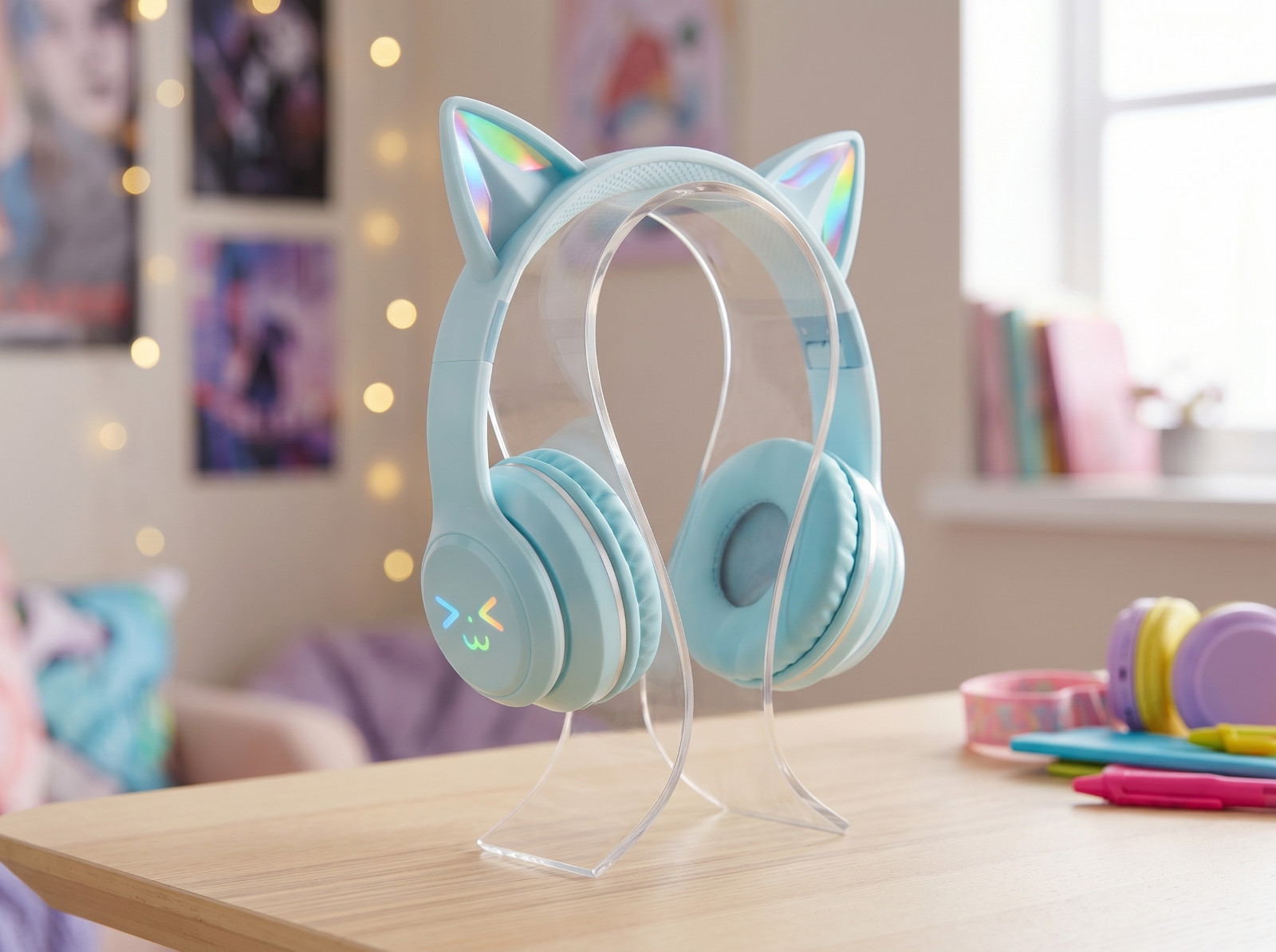 Kids Cat Ears Headphones with Microphone (RGB LED/WIRELESS/BLUETOOTH/FOLDABLE)