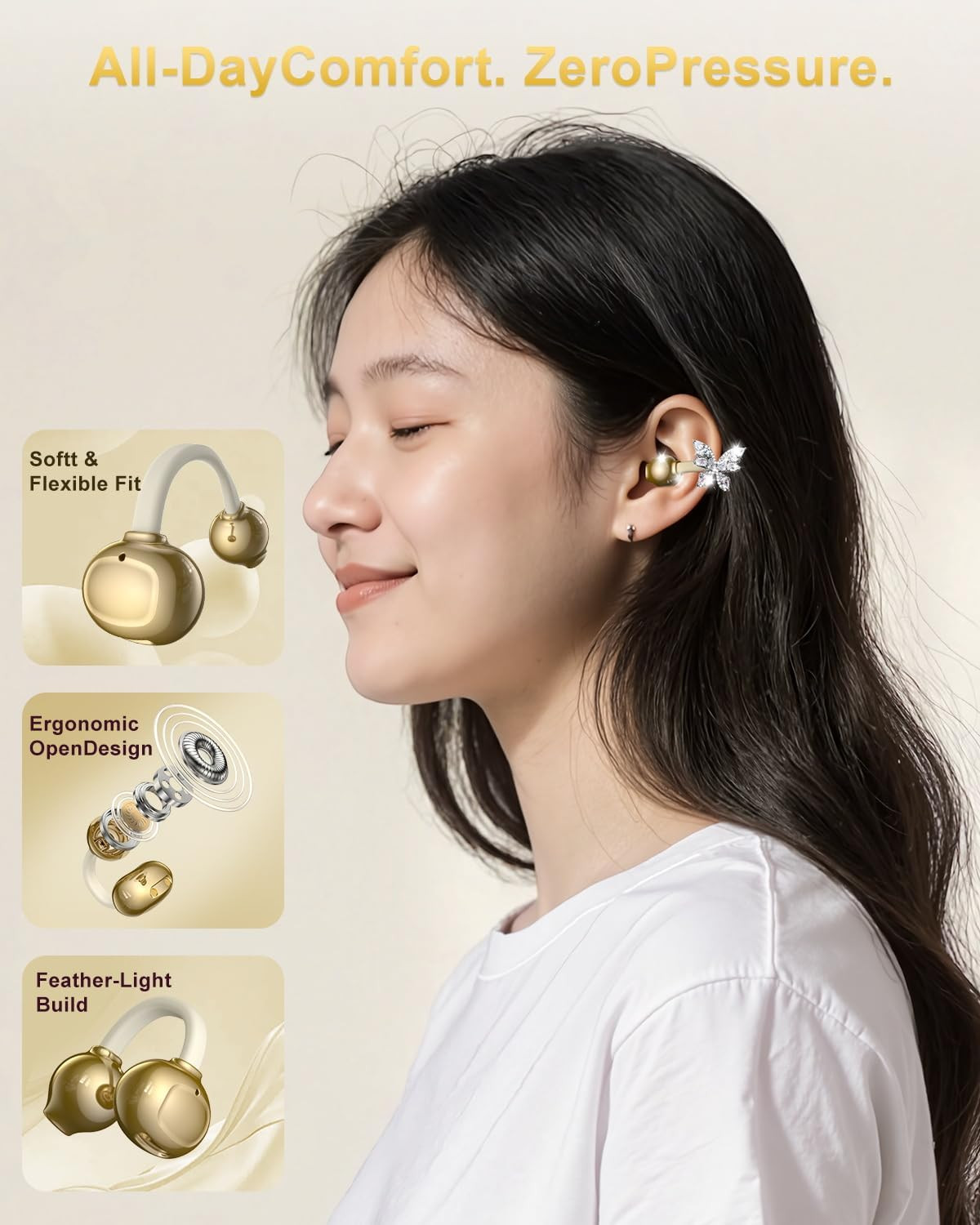 Alfu Bluetooth Wireless Open Ear Earbuds: Jewelry Clip on Headphones with Butter