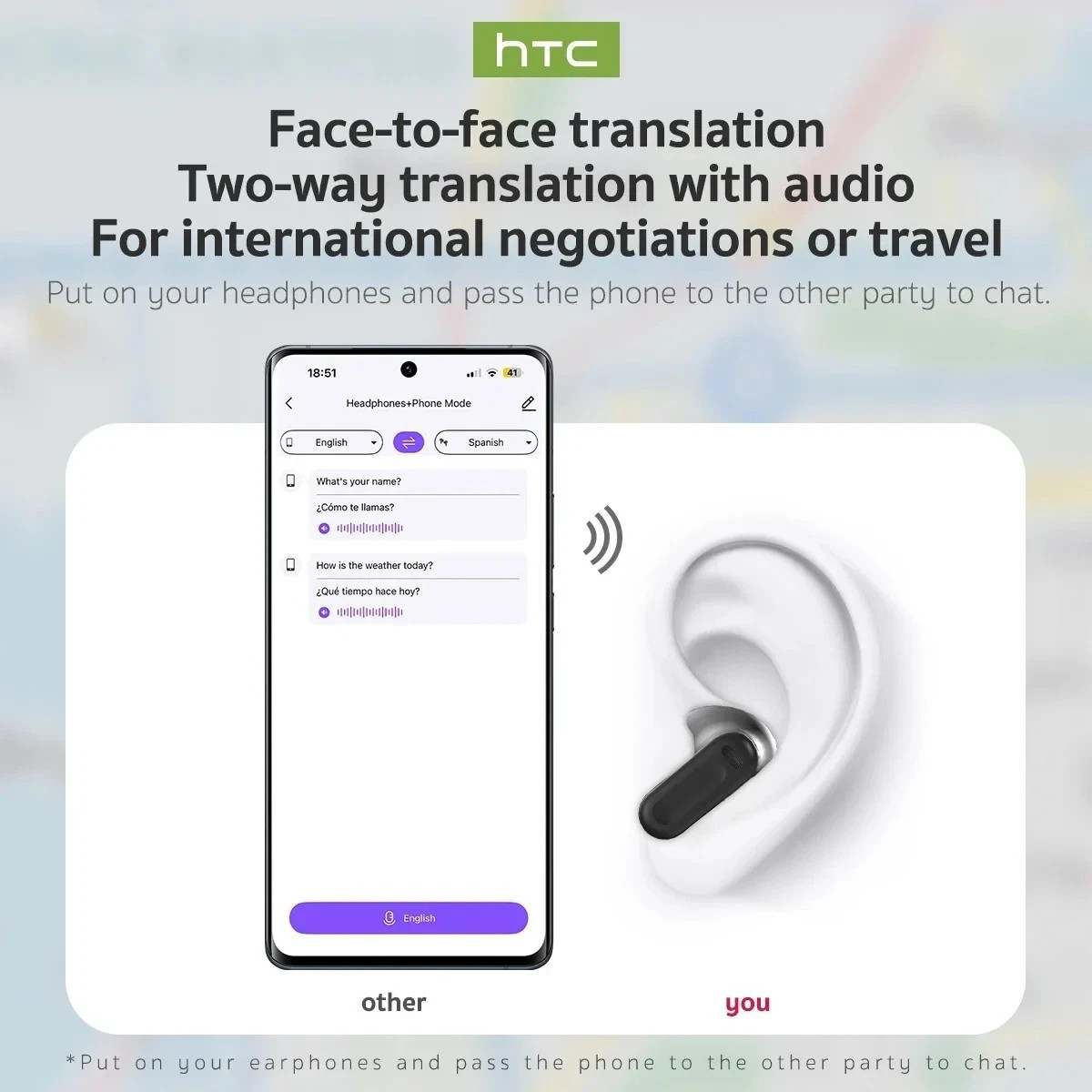 HTC NE20 Bluetooth 6.0 Earphones AI Translator Wireless Earbuds LCD Touch Sport