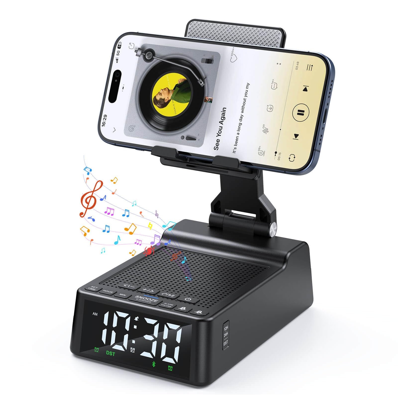 Cell Phone Stand with Wireless Bluetooth Speaker Alarm Clock Holder Office