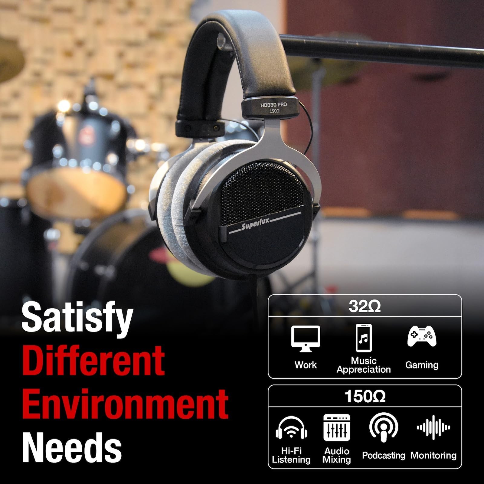 Superlux HD 330PRO,150 ohms, Over-Ear Headphones, Professional Semi-Open Wire…