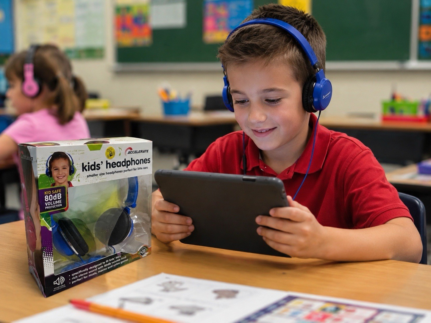 Back to School Kids Wired Headphones 80dB Safe Volume Classroom Blue
