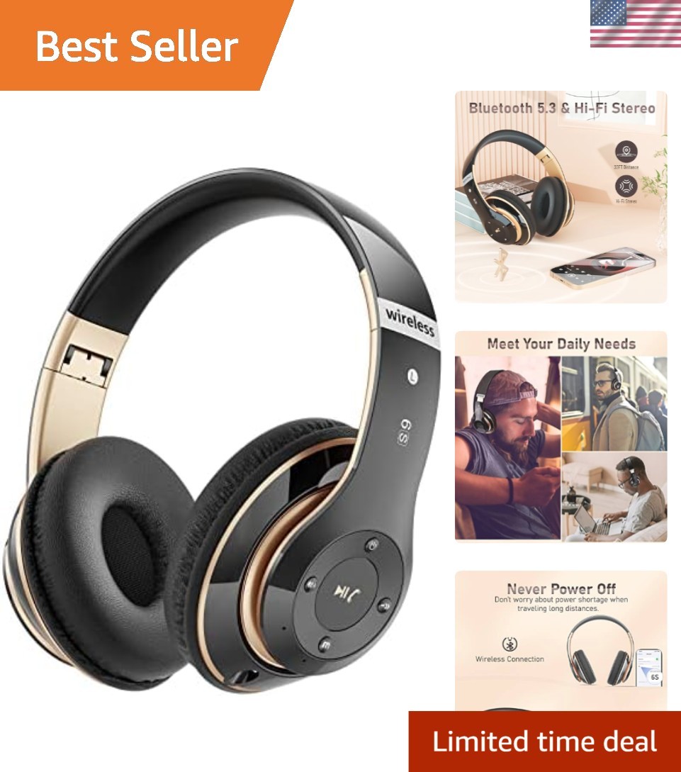 Luxury Black & Gold Over-Ear Bluetooth Headphones, 40 Hours Wireless Playtime