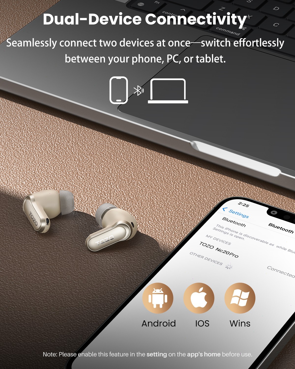 TOZO NC20 Pro Wireless Earbuds Bluetooth 5.4 Headphones Champagne