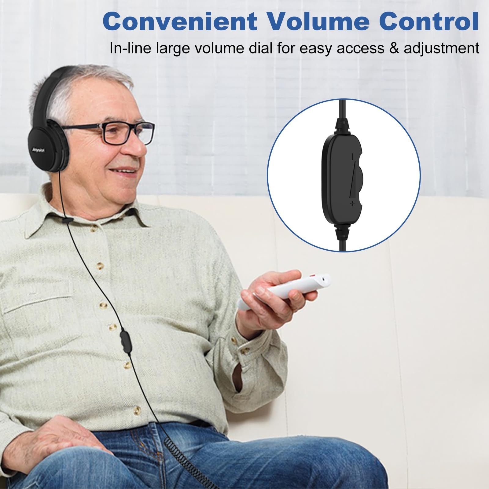 Extra Long 19.5Ft Coiled Headphones with Volume Control, 3.5mm AUX, Wired Over E