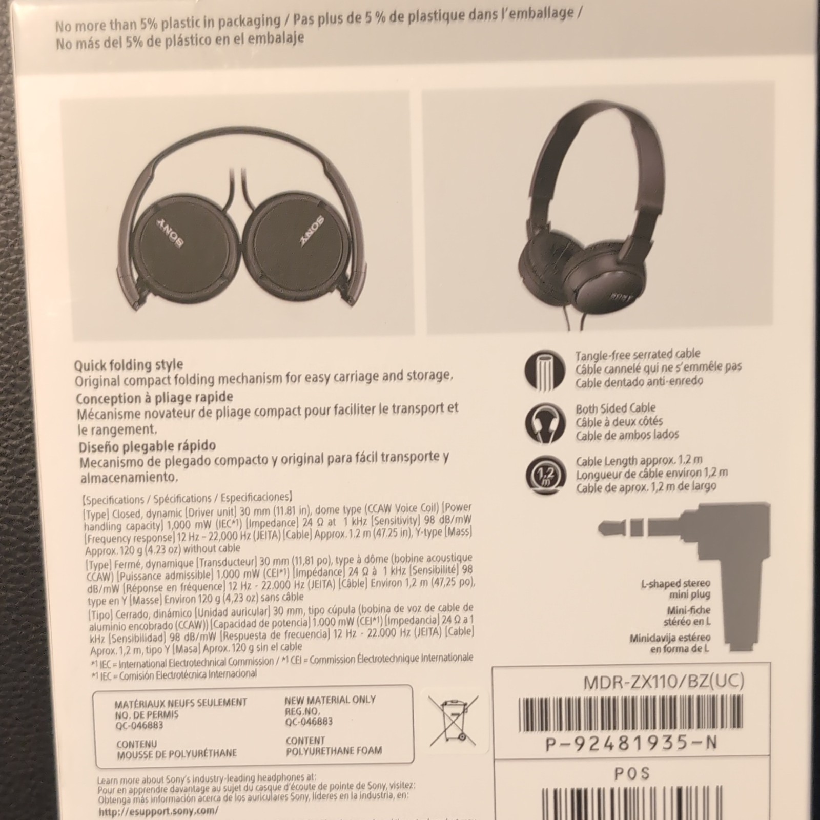 Sony MDR-ZX110 Black Wired Headphones 30mm Folding Adjustable 1.2m 3.5mm