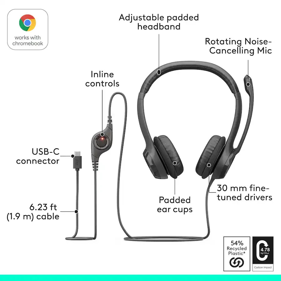 Logitech – H390 Wired USB-C On-Ear Stereo Headphones