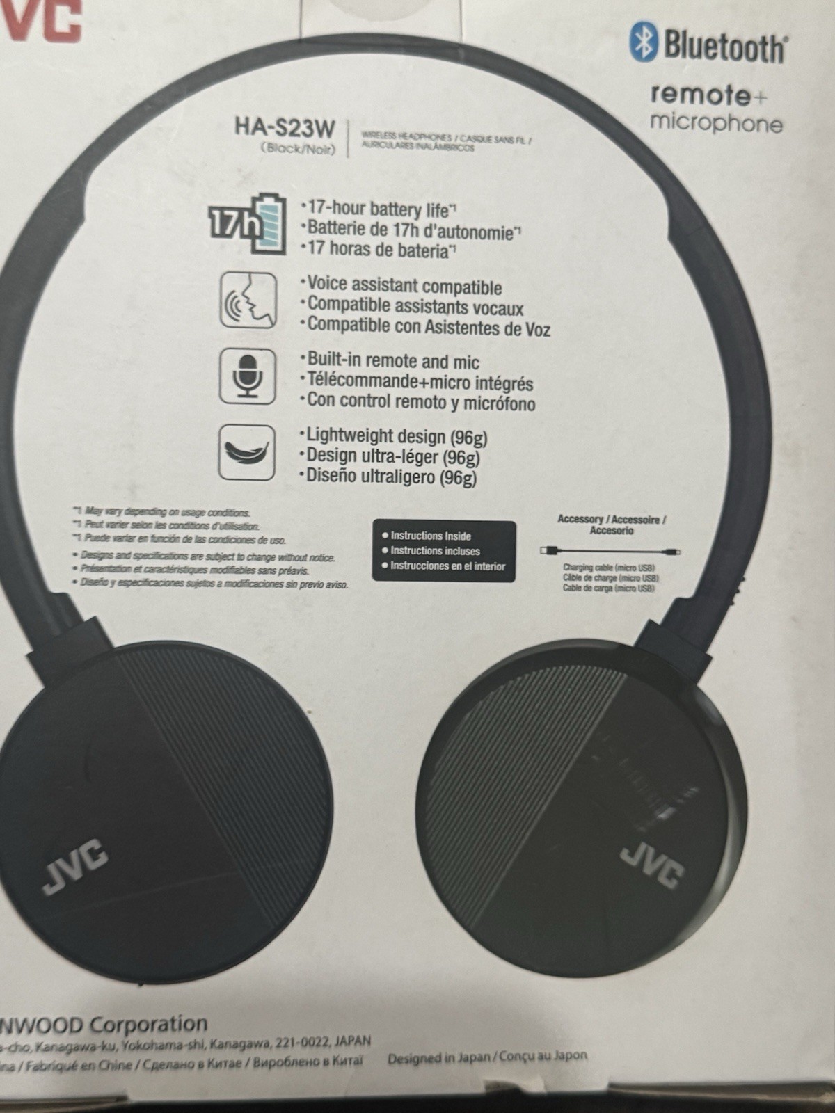 JVC HA-S23W Bluetooth On-Ear Headphones Built-In Mic Lightweight Black