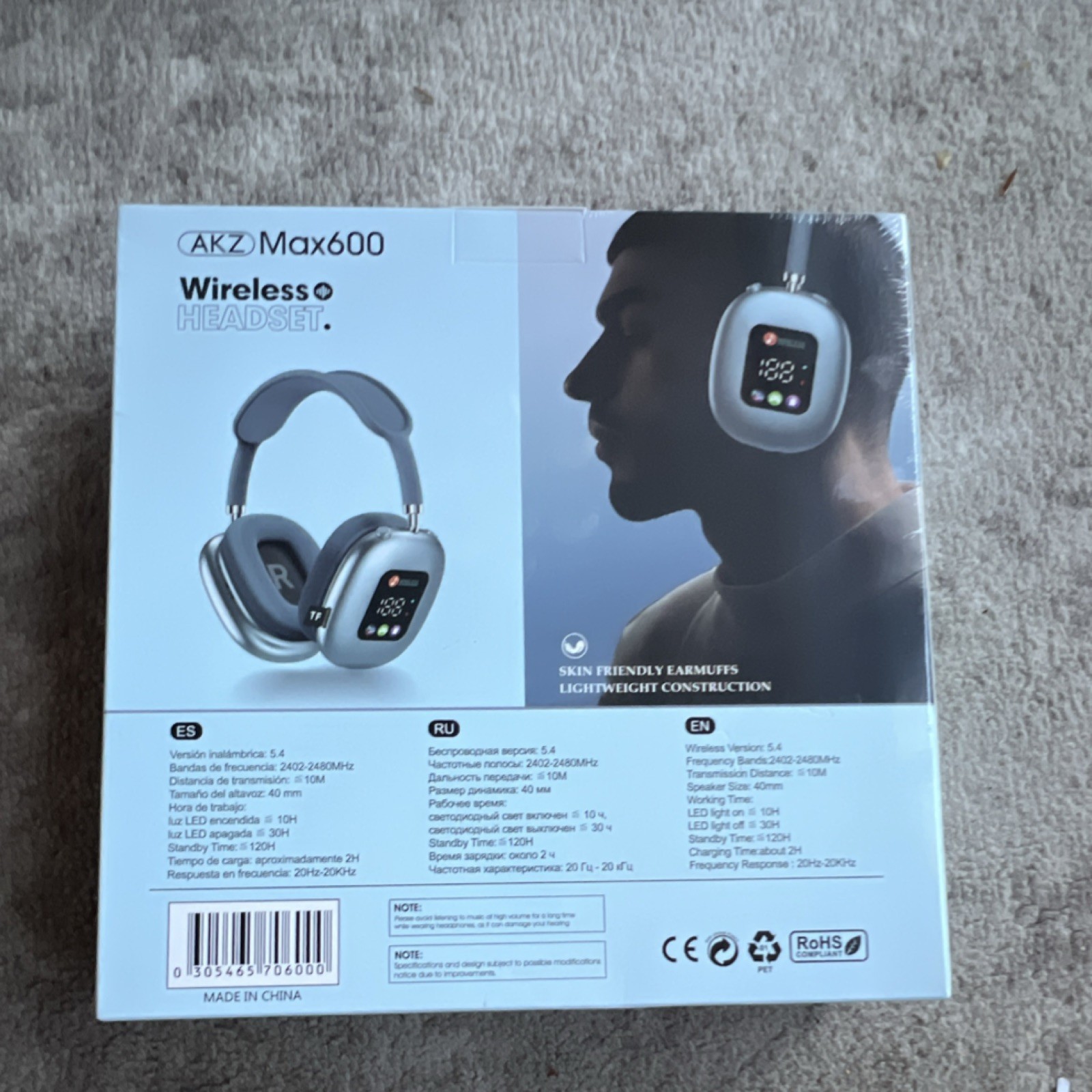 COOL.Art AKZ Max600 Bluetooth Wireless Over-Ear 40mm Mic LED Gray