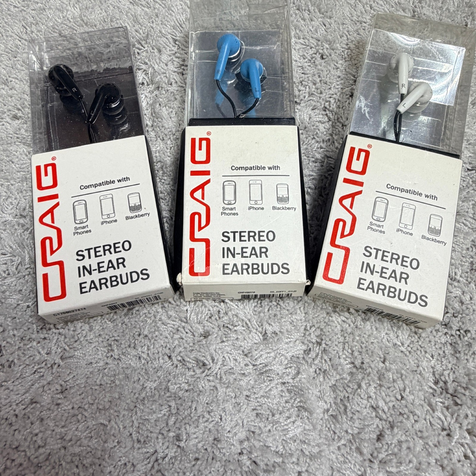Craig Stereo In-Ear Earbuds 3 Pack Wired 3.5mm Jack Black Blue White CHP4807 NEW