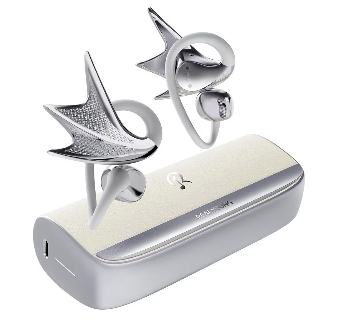 REAL YOUNG H700 Open-Ear Earbuds for Women , Rechargeable, Charging Case, Silver