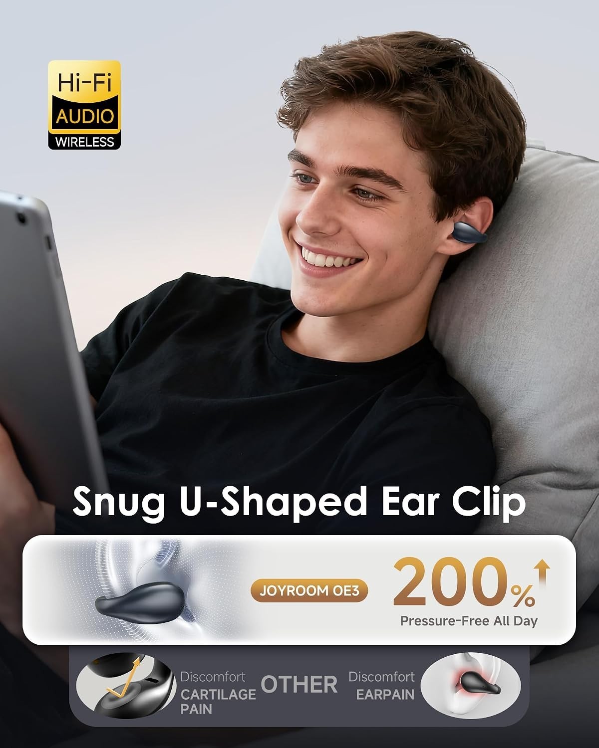 King Lucky Clip-On Open Ear Earbuds Wireless Bluetooth Headphones 45H Mic Black