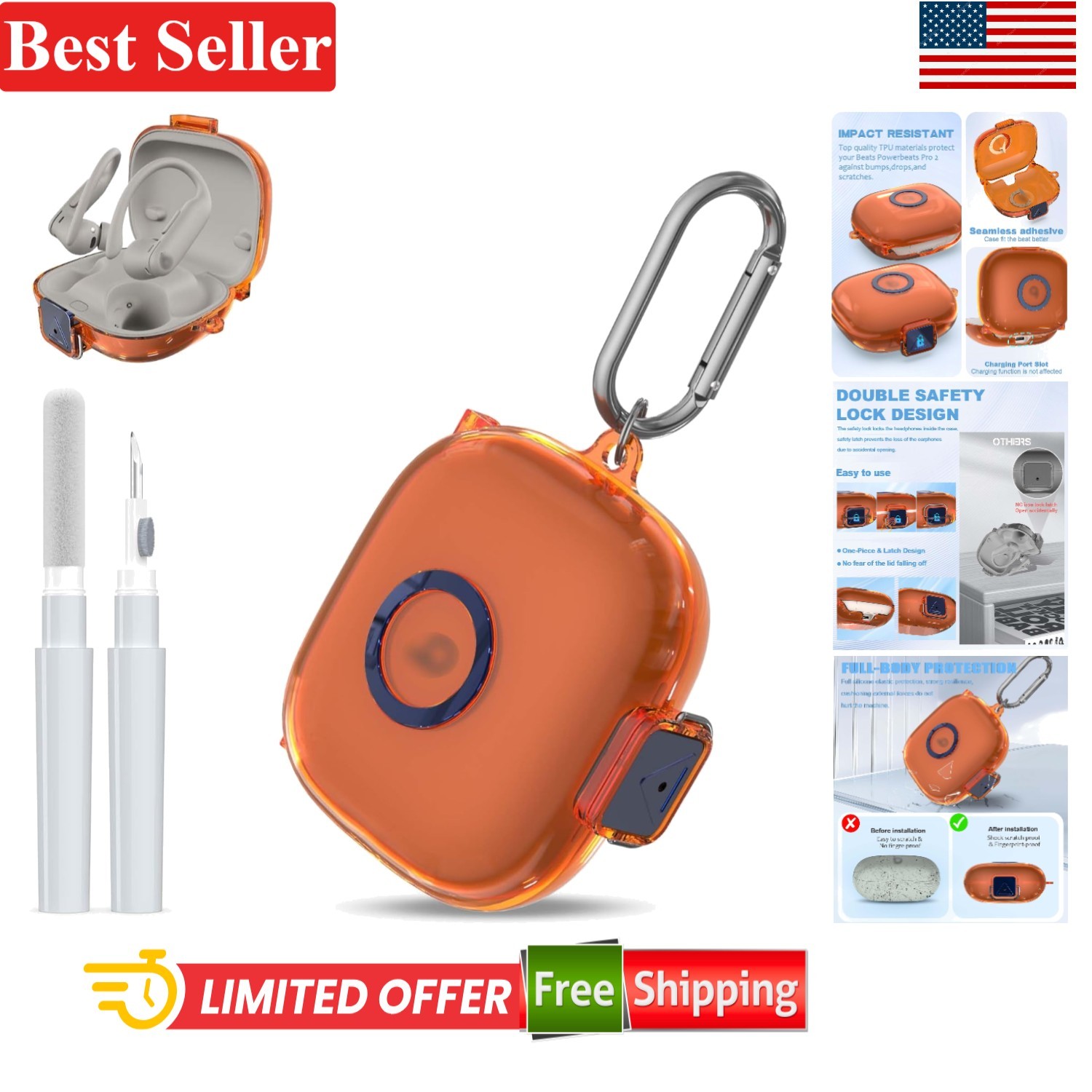 Protective Case for Beats Powerbeats Pro 2 with Carabiner Cleaning Pen