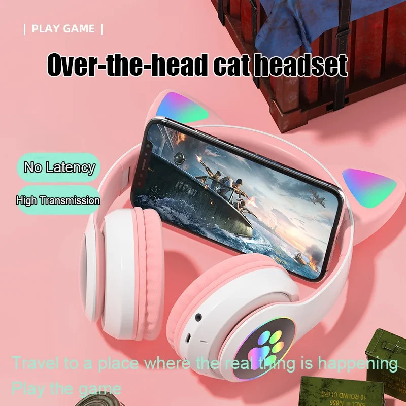 Cat Ear Bluetooth Wireless Headphone LED Mic Stereo Headset Kids Girls RGB Gift