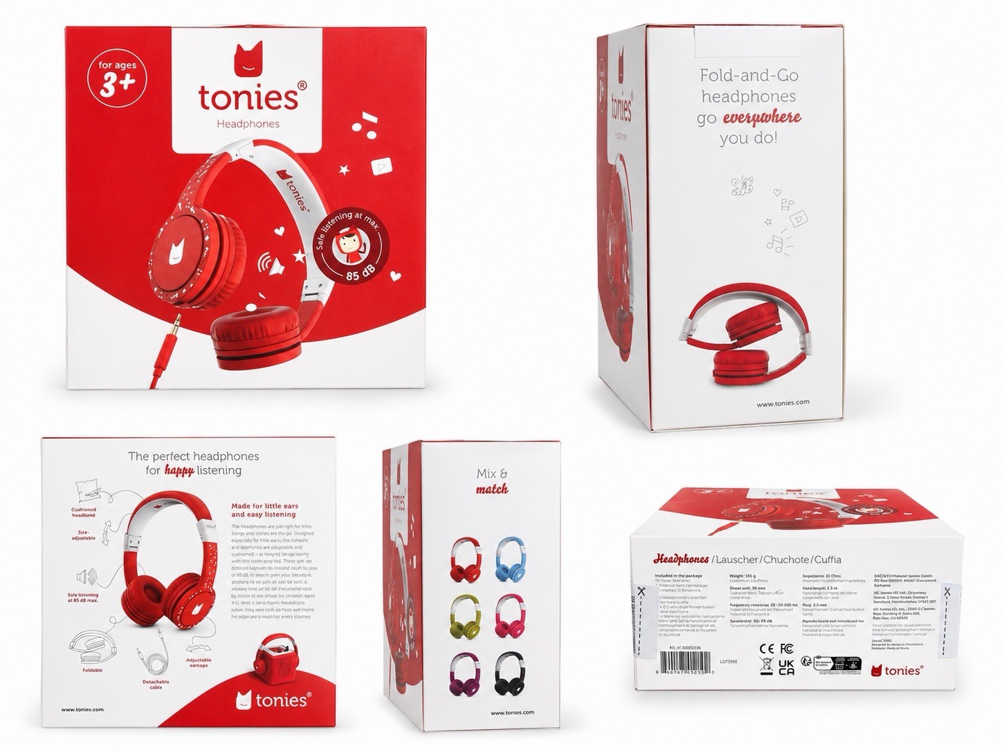 New tonies Fold-and-Go On-Ear Wired Kids Headphones Red/White 3.5mm Foldable