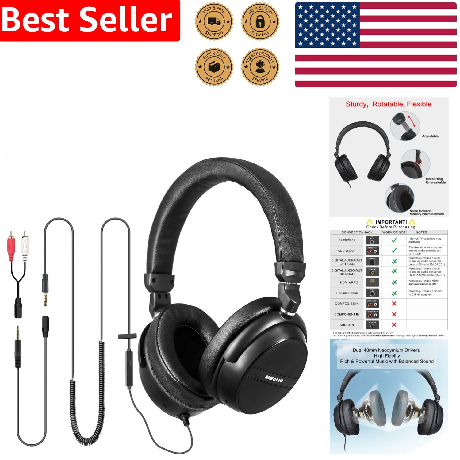 Long Cord TV Headphones with Mic, 21.6ft Wired Stereo Over Ear PC Audio